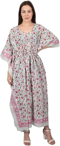Fabric Venue Girls Hand Block Print Cotton Summer Wear Dress Caftan Dress Beach Wear Green Paisley Print Kaftan in Saudi Arabia