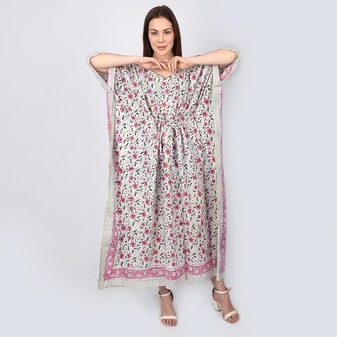 Fabric Venue Girls Hand Block Print Cotton Summer Wear Dress Caftan Dress Beach Wear Green Paisley Print Kaftan in Saudi Arabia