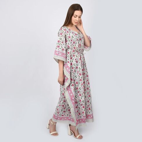 Fabric Venue Girls Hand Block Print Cotton Summer Wear Dress Caftan Dress Beach Wear Green Paisley Print Kaftan in Saudi Arabia