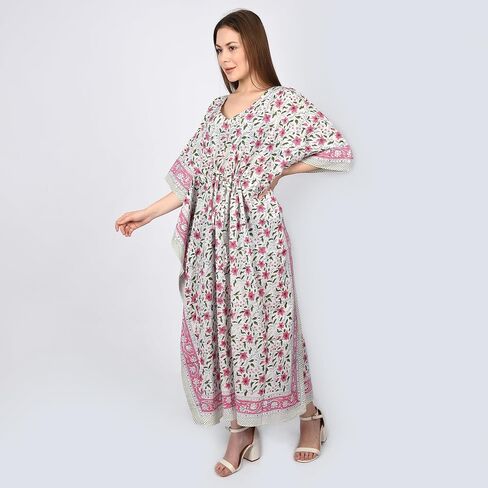 Fabric Venue Girls Hand Block Print Cotton Summer Wear Dress Caftan Dress Beach Wear Green Paisley Print Kaftan in Saudi Arabia
