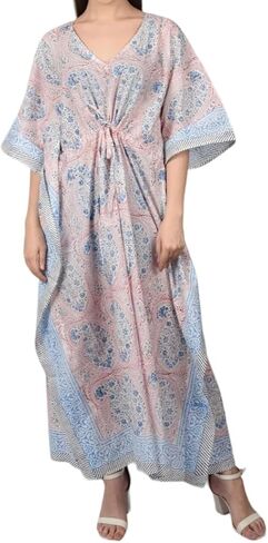 Fabric Venue Girls Hand Block Print Cotton Summer Wear Dress Caftan Dress Beach Wear Green Paisley Print Kaftan in Saudi Arabia