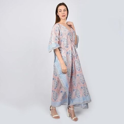 Fabric Venue Girls Hand Block Print Cotton Summer Wear Dress Caftan Dress Beach Wear Green Paisley Print Kaftan in Saudi Arabia