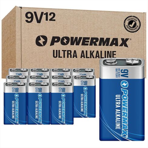 Powermax 12-Count 9V Batteries, Ultra Long Lasting Alkaline Battery for Home and Office, 7-Year Shelf Life, Reclosable Packaging in Kuwait