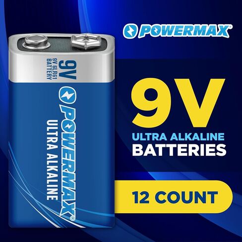 Powermax 12-Count 9V Batteries, Ultra Long Lasting Alkaline Battery for Home and Office, 7-Year Shelf Life, Reclosable Packaging in Kuwait