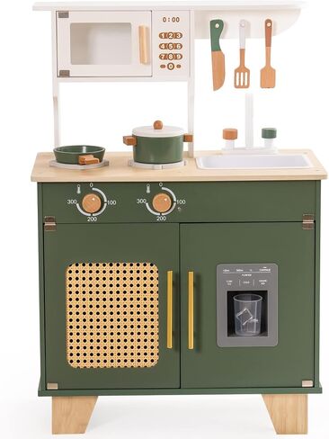 ROBUD Kids Kitchen Playset, Mocha Montessori Wooden Play Kitchen with Ice Dispenser, Pretend Toddlers Kitchen Toy with Accessories, Baby Gift for Ages 3 4 5 6 7 8 in Saudi Arabia