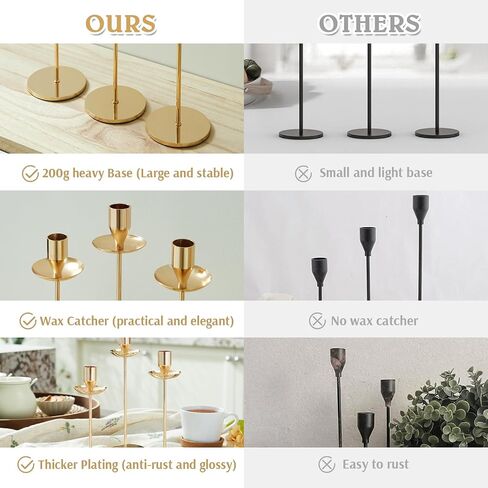 French Gold Candlestick Holders with Drip Protectors, 3PCS Iron Taper Candle Holder for Home Fall Christmas Dining Table Decor, Wedding Party Pillar Candle Stand, Fit 0.8" Thick LED Candle in Saudi Arabia
