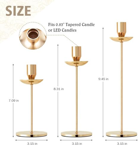 French Gold Candlestick Holders with Drip Protectors, 3PCS Iron Taper Candle Holder for Home Fall Christmas Dining Table Decor, Wedding Party Pillar Candle Stand, Fit 0.8" Thick LED Candle in Saudi Arabia
