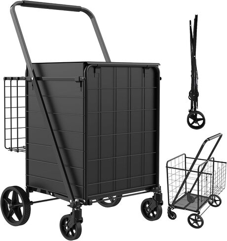 Folding Shopping Cart with Waterproof Bag, Grocery Cart with Encrypted Mesh Bottom, 23 Gal Double Basket & 360° Swivel Wheels, 260 Lbs Heavy Duty Shopping Carts for Groceries, Laundry in Saudi Arabia