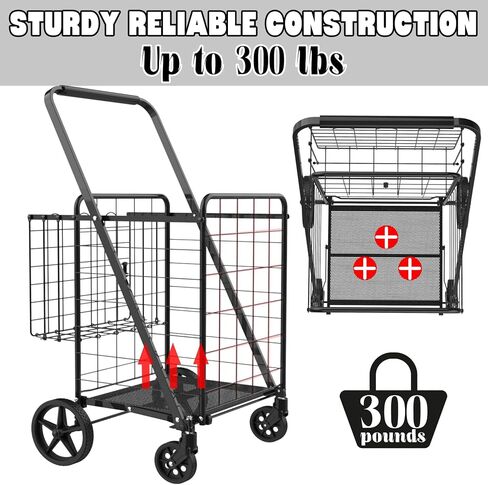 Folding Shopping Cart with Waterproof Bag, Grocery Cart with Encrypted Mesh Bottom, 23 Gal Double Basket & 360° Swivel Wheels, 260 Lbs Heavy Duty Shopping Carts for Groceries, Laundry in Saudi Arabia