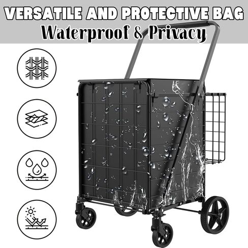 Folding Shopping Cart with Waterproof Bag, Grocery Cart with Encrypted Mesh Bottom, 23 Gal Double Basket & 360° Swivel Wheels, 260 Lbs Heavy Duty Shopping Carts for Groceries, Laundry in Saudi Arabia