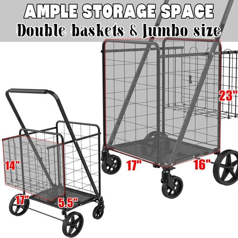 Folding Shopping Cart with Waterproof Bag, Grocery Cart with Encrypted Mesh Bottom, 23 Gal Double Basket & 360° Swivel Wheels, 260 Lbs Heavy Duty Shopping Carts for Groceries, Laundry in Saudi Arabia