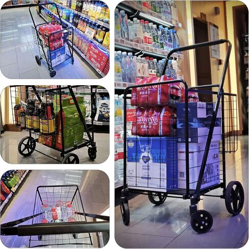 Folding Shopping Cart with Waterproof Bag, Grocery Cart with Encrypted Mesh Bottom, 23 Gal Double Basket & 360° Swivel Wheels, 260 Lbs Heavy Duty Shopping Carts for Groceries, Laundry in Saudi Arabia