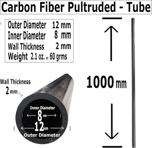 – Carbon Fiber Tube - 12mm X 8mm x 1000mm – Pultruded Round Hollow Carbon Fiber rods Black Matte Finish - Pure Carbon Fibre Hollow Tube shafts - for RC Planes-Drones, Boat DIY Craft Projects in Saudi Arabia