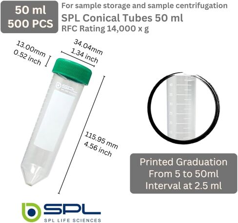 SPL 50 مل أنبوب الطرد المركزي المخروطي غطاء لولبي من البولي بروبيلين، معقم غير حراري، غير سام للخلايا، DNase/RNase - خالٍ من الحمض النووي البشري - أكياس قابلة للإغلاق مجانًا (25 أنبوبًا) in Kuwait