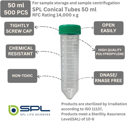 SPL 50 مل أنبوب الطرد المركزي المخروطي غطاء لولبي من البولي بروبيلين، معقم غير حراري، غير سام للخلايا، DNase/RNase - خالٍ من الحمض النووي البشري - أكياس قابلة للإغلاق مجانًا (25 أنبوبًا) in Kuwait
