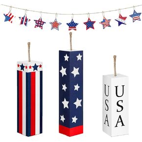 Wood 13 Pcs Fourth of July Tiered Tray Decorations Set - Independence Day Patriotic Signs - Red White Blue Rustic Farmhouse Decor - Home Table Centerpiece Decorations