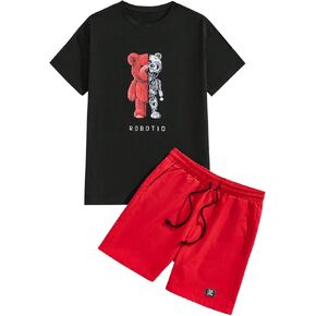 SOLY HUX Men's Summer 2 Piece Outfits Cartoon Letter Print Short Sleeve Tee and Drawstring Shorts Set