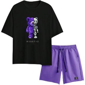 SOLY HUX Men's Summer 2 Piece Outfits Cartoon Letter Print Short Sleeve Tee and Drawstring Shorts Set