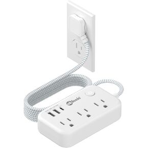 Small Extension Cord 5FT, 3 AC Outlets 3 USB (17W/3.4A), Bedside Desk Charging Station, Power Strip Surge Protector 980J, Braided Extension Cord for Home Travel Office Dorm Room Essentials, ETL Listed