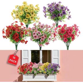 Artificial Flowers for Outdoors UV Resistant, 15Bundles Faux Silk Colorful Daisy Realistic Plants for Outside Patio Decor, Fake Flower for Garden Porch Window Box Pot,Plastic Shrubs Home Decor