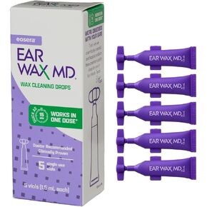 eosera® Ear Wax MD® - Wax Cleaning Drops 5pk Single Use Vials | Fast-Acting | Breaks Down & Dissolves Wax in Just 1 Treatment | Clinically Proven | Gentle & Safe