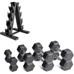 CAP Barbell 100 LB Coated Hex Dumbbell Weight Set with Vertical Rack