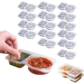15 PCS Double Compartment Condiment Containers with Lids Disposable,2 Compartment Snack Containers,Reusable Snack Container for to-go Sauce,Sampling, Travel Snack