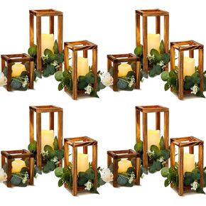 24 Pcs Wooden Candle Lantern Set Include 12 Wedding Centerpieces for Tables Wooden Lantern Centerpiece 12 Flameless Decorative LED Candles for Rustic Wedding Farmhouse Country (Gold)