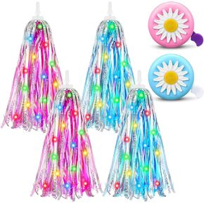 6 Pcs Kids Light up Bike Streamers and Bike Bell Set 4 Pack LED Handlebar Streamers and 2 Pack Flower Bicycle Bells Scooter Tassels Bicycle Bells for Boys Girls Children's Bike Accessories