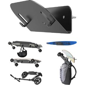 Wall Mount Holder for Skateboard/Snowboard/Longboard, Skate Deck Wall Mount Fit for Scooters/Skis Wall Hanger Display, Skateboard Shelf Rack 2.0mm Thick Metal Heavy-duty with Hooks (Black)