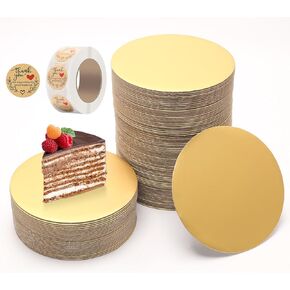 100 PCS Cake Boards Gold Cake Board 6 Inch Cake Cardboard Round Corrugated Cake Circles Grease Proof 2mm Thick Disposable Cake Base for Baking with 500 Thank You Stickers