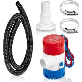Non-automatic 0.98 Inch Bilge Pump kit for Boats,12V 1100GPH Bilge Pumps with 6 ft/1.8 meters Bilge Pump Hose,2pcs Stainless Steel Clamps and Thru Hull Fitting, Boat Bilge Pump for Speedboats,Yachts