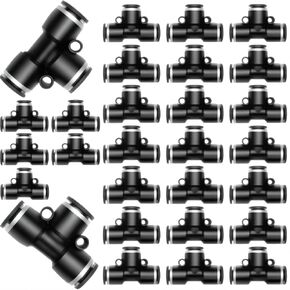 28 Pieces 1/4 Push to Connect Fittings, Plastic Pneumatic Tee Union Fittings T Shaped Quick Connect Air Hose Fittings Air Line Pneumatic Fittings Kit (Black, 1/4 Inch Od)
