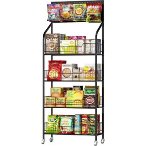 lesolar Black Display Shelf Stand, 4 Tier Candy Chip Snack Display Rack Stand, Retail Display Shelves Racks for Vendors, Tiered Store Display Stand Shelves, Snack Organizer Cart with Wheels and Hooks