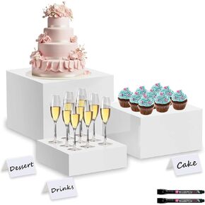 Buffet Risers, 3PCS Food Risers for Buffet Table, White Acrylic Risers for Display for Food with Mini Table Signs, Catering Displays & Food Stands with Hollow Bottoms