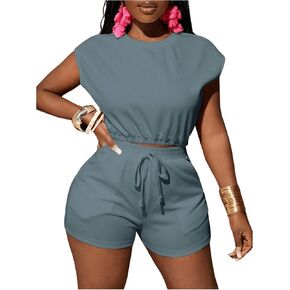 MakeMeChic Women's 2 Piece Outfit Round Neck Cap Sleeve Crop Tee Shirts and Drawstring Waist Shorts Set