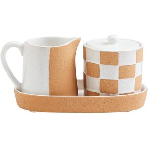 Mud Pie Terracotta Cream And Sugar Set; Pitcher - 3 1/2" X 2 3/4" Jar - 3 1/4" X 3 1/2" Tray 8" Dia,Tan