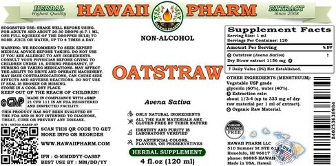 Hawaii Pharm Oat Straw Alcohol-FREE Liquid Extract, Organic Oats Straw (Avena Sativa) Dried Tops Glycerite Natural Herbal Supplement, USA 2 fl.oz in Kuwait