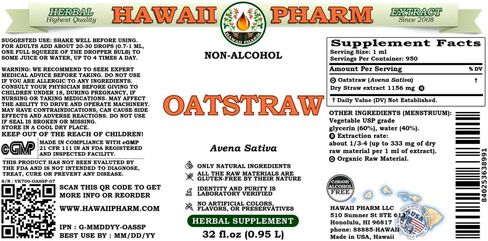 Hawaii Pharm Oat Straw Alcohol-FREE Liquid Extract, Organic Oats Straw (Avena Sativa) Dried Tops Glycerite Natural Herbal Supplement, USA 2 fl.oz in Kuwait