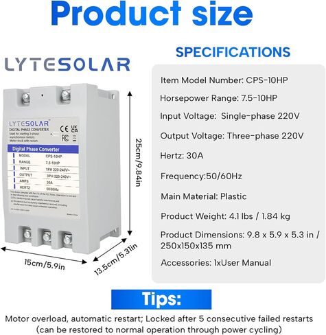 محول مرحلة واحدة إلى 3 مراحل، محول المرحلة الرقمي LyteSolar 10HP، مدخل/مخرج 23A 220V-240V للأدوات الكهربائية/المحركات/المعدات الميكانيكية in Kuwait
