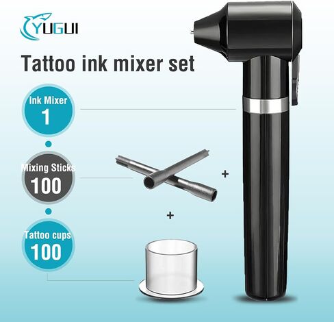 Tattoo Ink Mixer Machine 𝗦𝗲𝘁 - 100Pcs Yugui Ink Mixing Sticks and 100Pcs Tattoo Ink Cups Pigment Mixer Agitator Sticks Black Electric Color Tattoo Mixer Machine for Makeup Eyebrow Color in Saudi Arabia