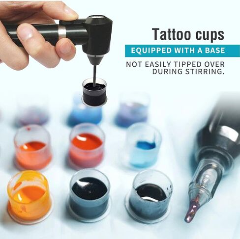 Tattoo Ink Mixer Machine 𝗦𝗲𝘁 - 100Pcs Yugui Ink Mixing Sticks and 100Pcs Tattoo Ink Cups Pigment Mixer Agitator Sticks Black Electric Color Tattoo Mixer Machine for Makeup Eyebrow Color in Saudi Arabia
