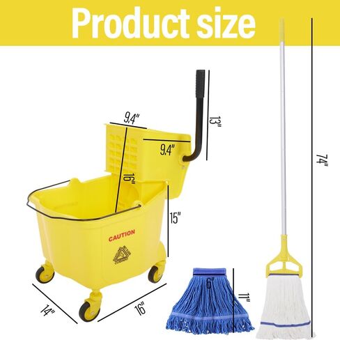 Mop and Bucket with Wringer Set - 35QT Commercial Mop Bucket with Side Press Wringer on Wheels and Industrial Mop, Heavy Duty Floor Cleaning Mop Bucket Set for Home, Shop, Restaurant, Mall in Saudi Arabia