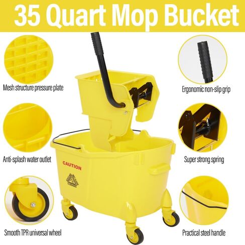 Mop and Bucket with Wringer Set - 35QT Commercial Mop Bucket with Side Press Wringer on Wheels and Industrial Mop, Heavy Duty Floor Cleaning Mop Bucket Set for Home, Shop, Restaurant, Mall in Saudi Arabia