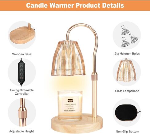 Candle Warmer Lamp with Timer & Dimmer, Candle Warmer Height Adjustable, Fits All Jar Scented Candles, Candle Lamp with 3 Bulbs, Charming Gift Box with Ribbon for Gifting in Saudi Arabia