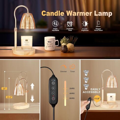 Candle Warmer Lamp with Timer & Dimmer, Candle Warmer Height Adjustable, Fits All Jar Scented Candles, Candle Lamp with 3 Bulbs, Charming Gift Box with Ribbon for Gifting in Saudi Arabia