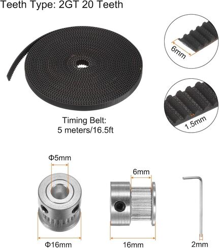 HARFINGTON 5 Meters 2GT Timing Belt 6mm Width with Fiberglass Core + 5pcs 20T 2GT Timing Pulley 6mm Bore + 2mm Hex Key Wrench for 3D Printer and Most Belt Driven Printers in Saudi Arabia