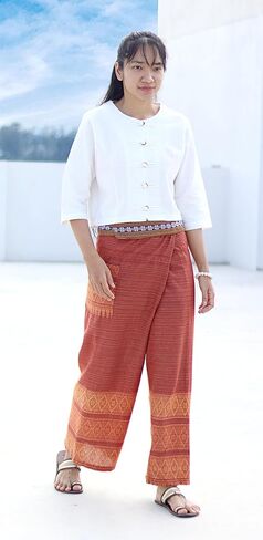 RaanPahMuang Striped Cotton Thai Fisherman Wrap Pants Thai Stamped Art Print in Saudi Arabia