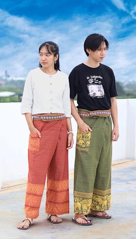 RaanPahMuang Striped Cotton Thai Fisherman Wrap Pants Thai Stamped Art Print in Saudi Arabia