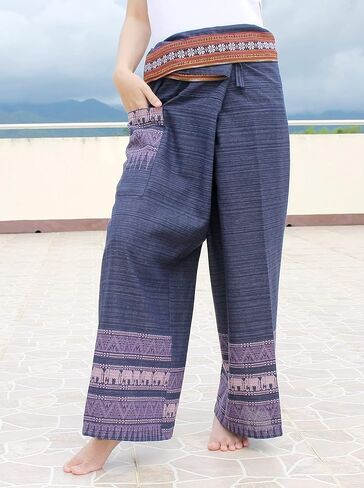 RaanPahMuang Striped Cotton Thai Fisherman Wrap Pants Thai Stamped Art Print in Saudi Arabia